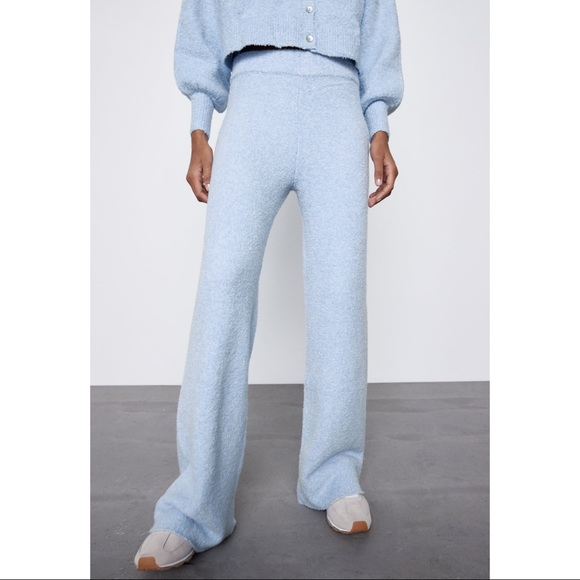 ZARA Wool High Waisted Wide Leg Textured Knit Pull On Trouser Lounge Pants Blue - Picture 3 of 16